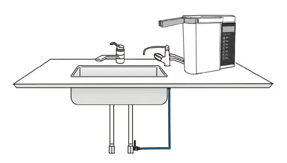 Shematski prikaz podpultne priključitve ionizatorja vode PurePro&reg; JA-903